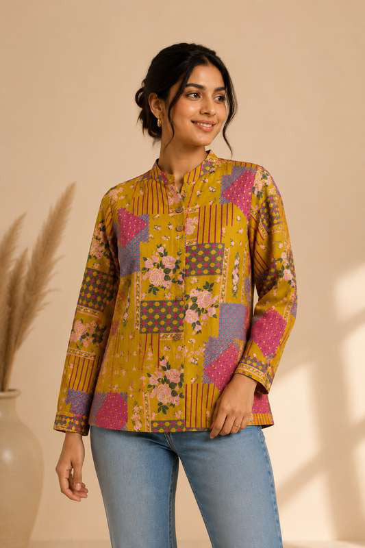 Mustard Patchwork Print Band Collar Shirt by SITU, front view on model