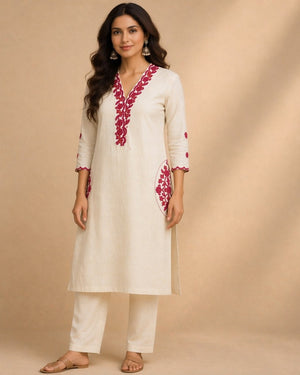 Ivory Red Neckline Embroidered Kurta Set
