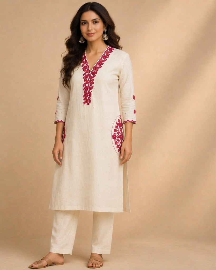 Ivory Red Neckline Embroidered Kurta Set - kurta and pants