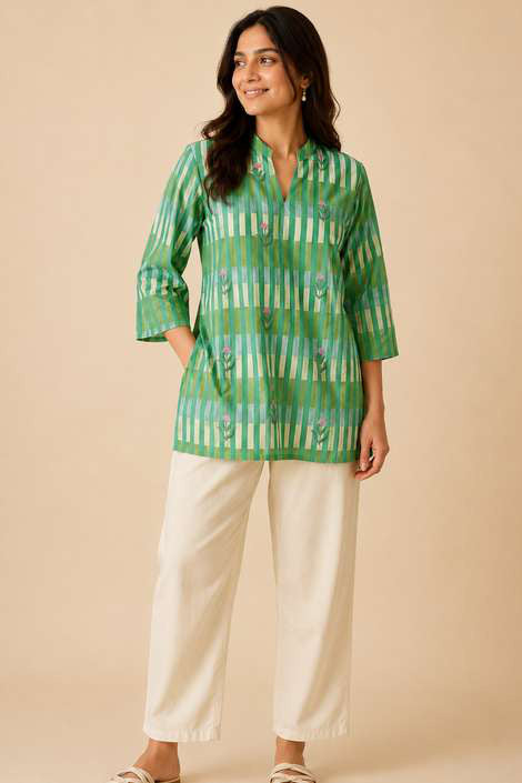 Green Striped Floral Buti Mandarin Tunic by SITU, front view on model