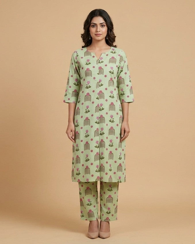 Mint Green Arch Motif Print Kurta Set - kurta and pants