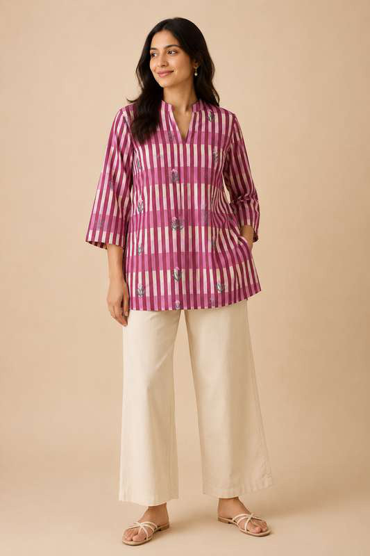 Magenta Striped Floral Buti Mandarin Tunic by SITU, front view on model