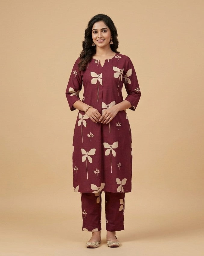 Maroon Leaf Print Kurta Set - kurta and pants