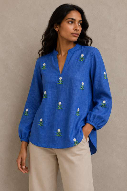 Cobalt Blue Daisy Embroidered Balloon Sleeve Tunic by SITU, front view on model