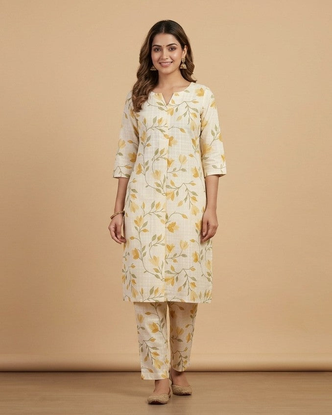 Cream Mustard Leaf Vine Print Kurta Set - kurta and pants