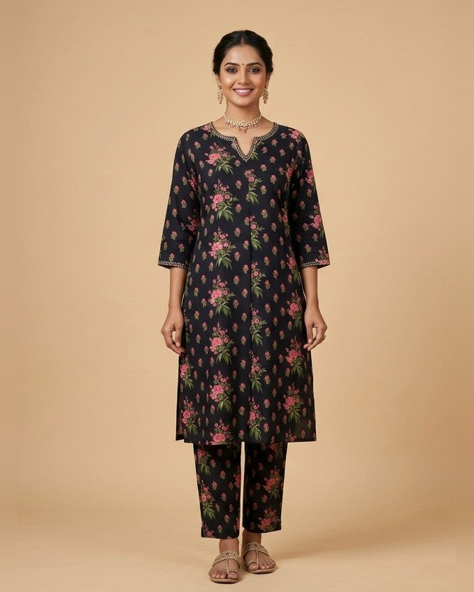 Black Pink Floral Buta Print Kurta Set - kurta and pants