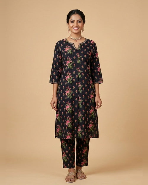 Black Pink Floral Buta Print Kurta Set - kurta and pants