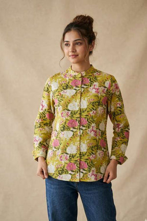 Chartreuse Rose Print Band Collar Shirt