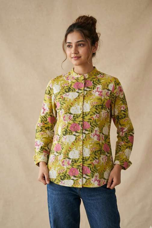 Chartreuse Rose Print Band Collar Shirt by SITU, front view on model