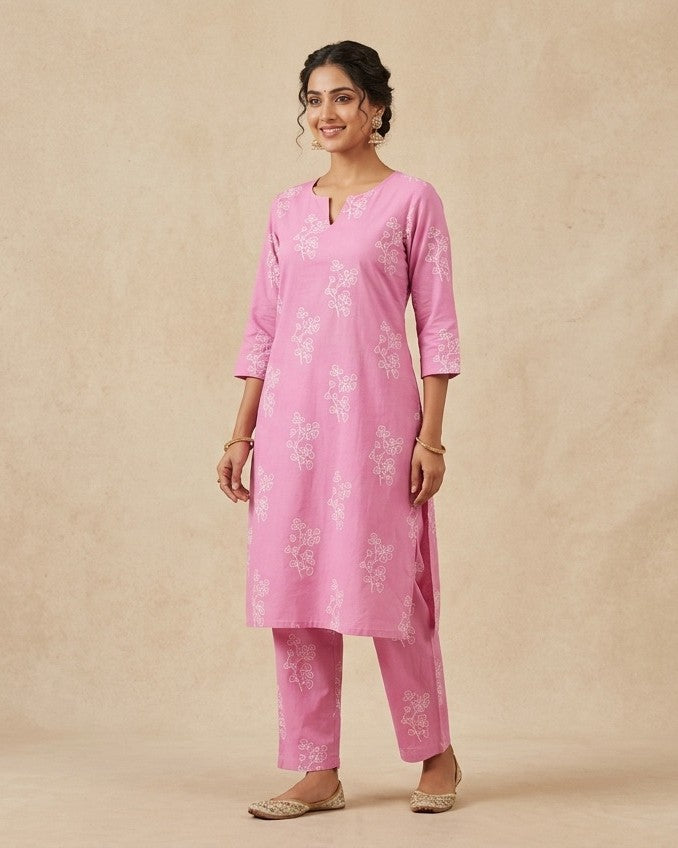 Light Pink Floral Sprig Print Kurta Set - kurta and pants