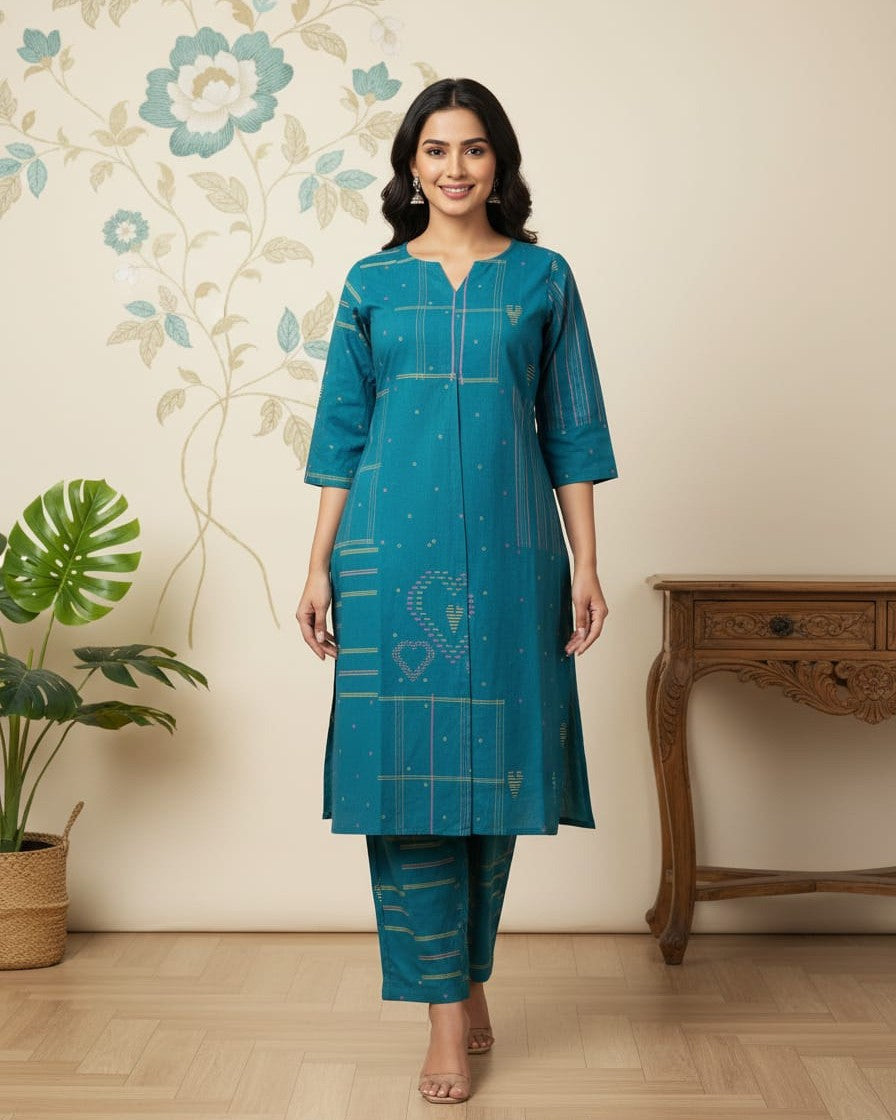 Teal Geometric Heart Print Kurta Set - kurta and pants