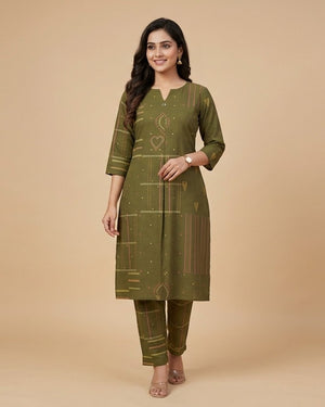 Olive Green Geometric Heart Print Kurta Set