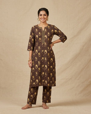 Chocolate Brown Gold Floral Print Kurta Set