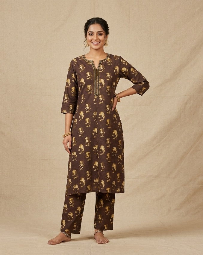 Chocolate Brown Gold Floral Print Kurta Set - kurta and pants