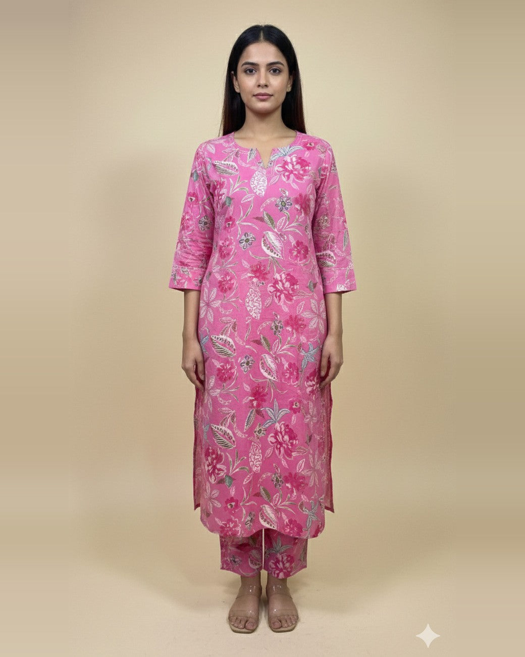 Rose Pink Botanical Print Kurta Set - kurta and pants