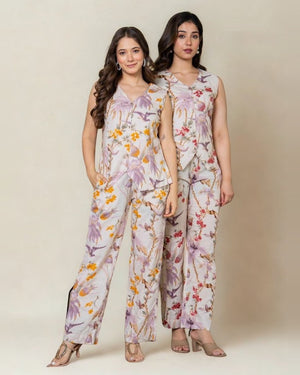 Ivory Tropical Bird Print Sleeveless Co-ord Set