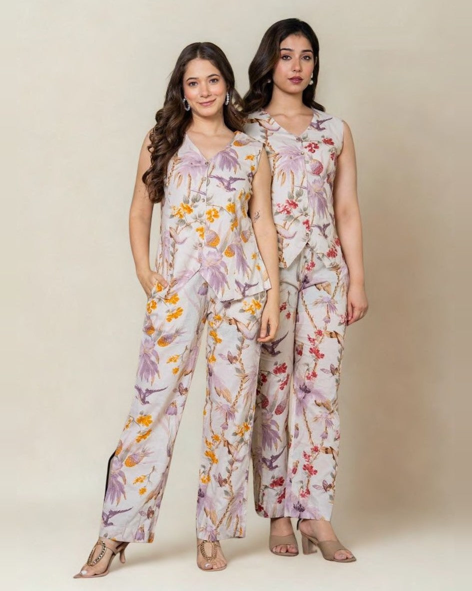 Ivory Tropical Bird Print Sleeveless Co-ord Set - top and pants