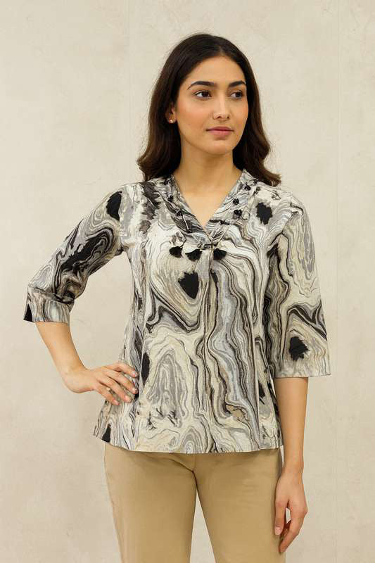 Grey Marble Print Tassel Neck Tunic by SITU, front view on model
