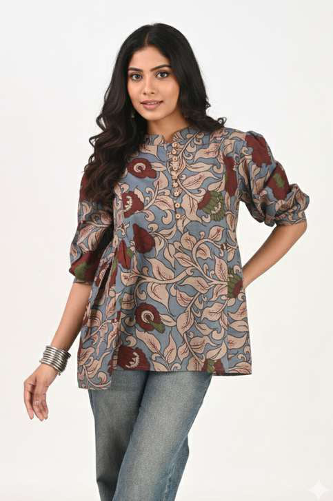 Dusty Blue Kalamkari Print Puff Sleeve Tunic by SITU, front view on model