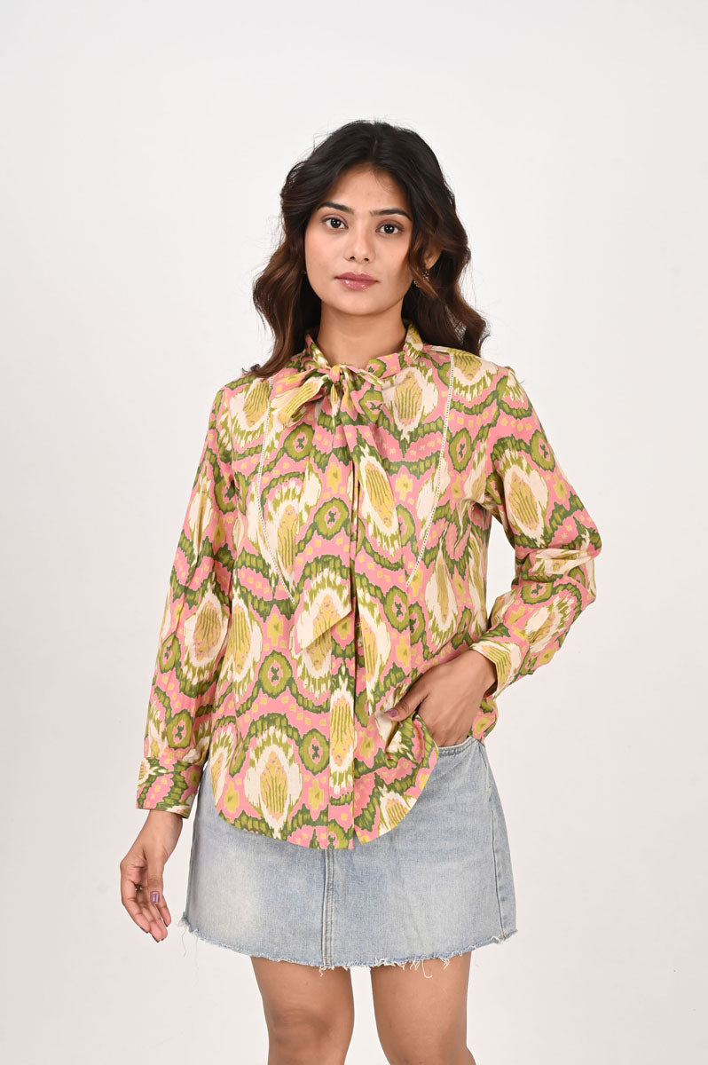 Pink Ikat Neck Tie Shirt