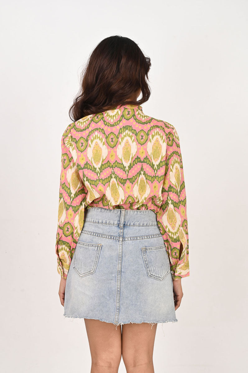 Pink Ikat Neck Tie Shirt