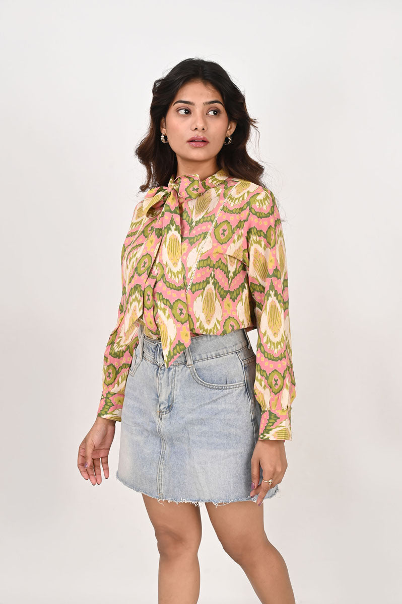 Pink Ikat Neck Tie Shirt