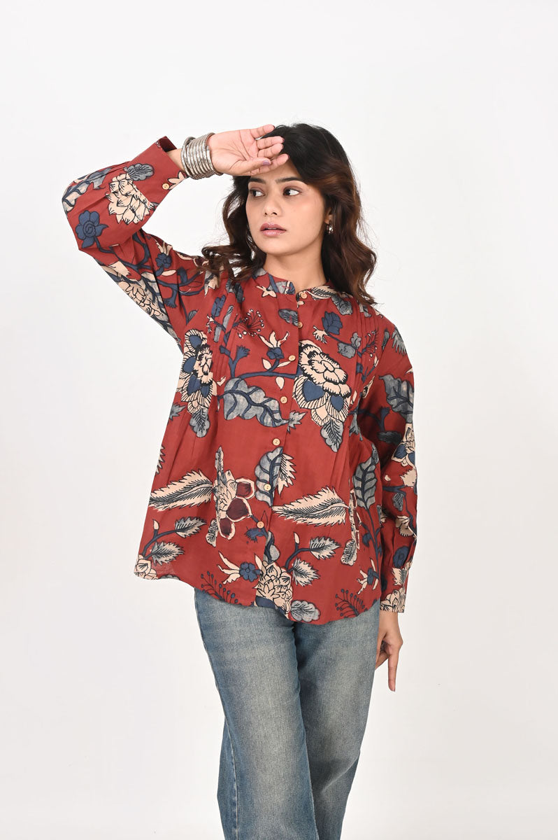 Red Kalamkari Pleated Shirt