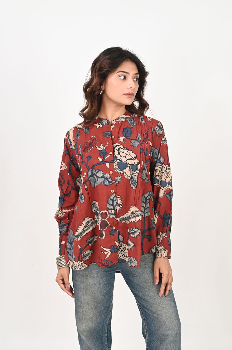 Red Kalamkari Pleated Shirt