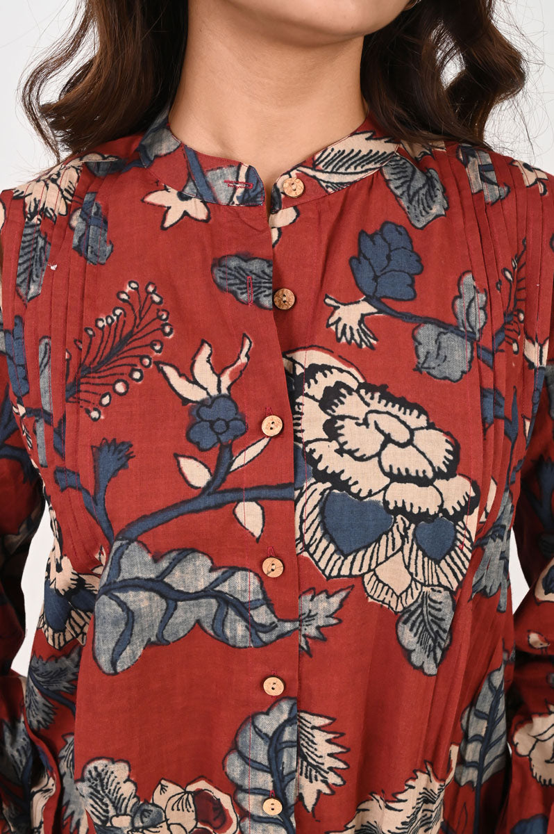 Red Kalamkari Pleated Shirt