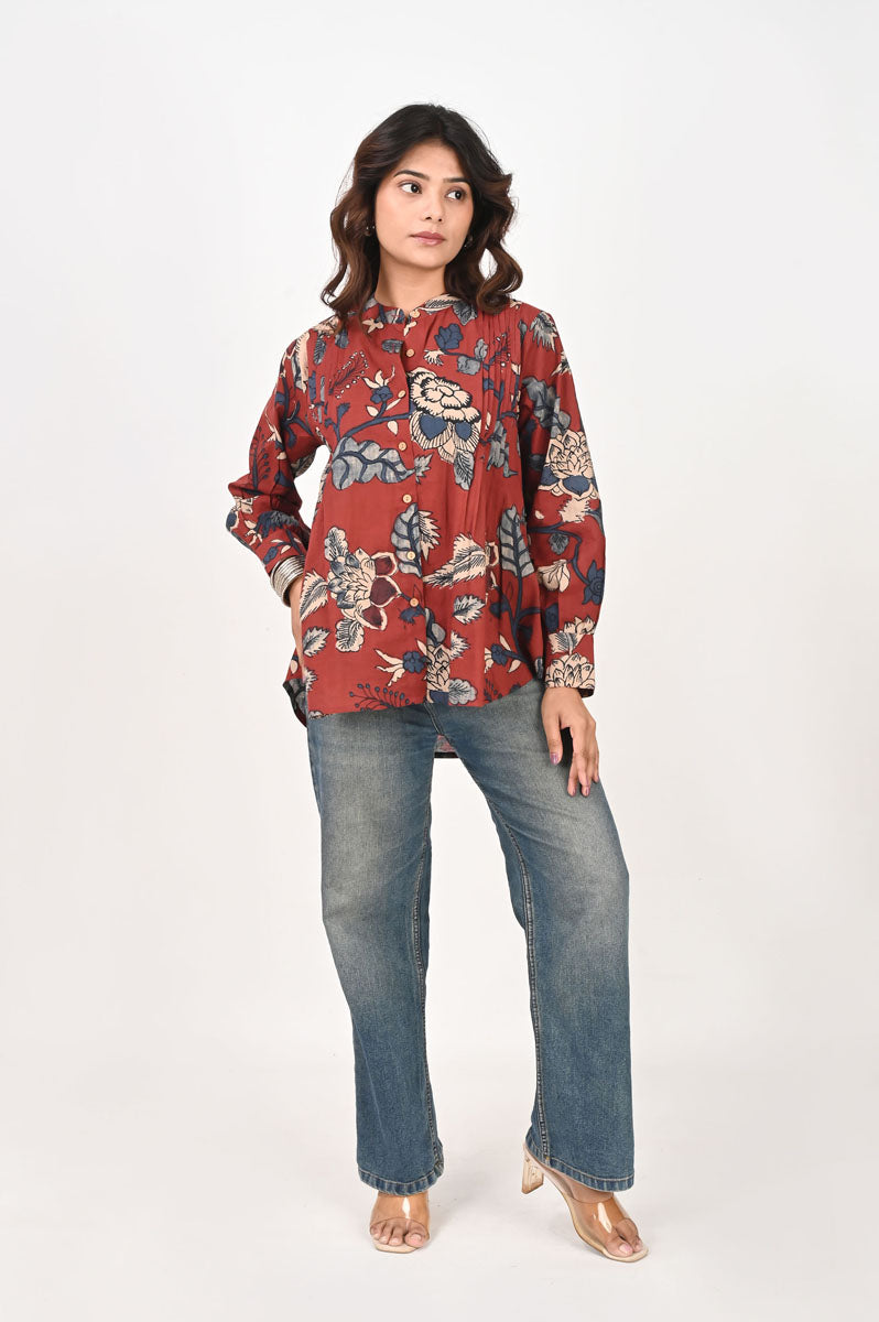Red Kalamkari Pleated Shirt