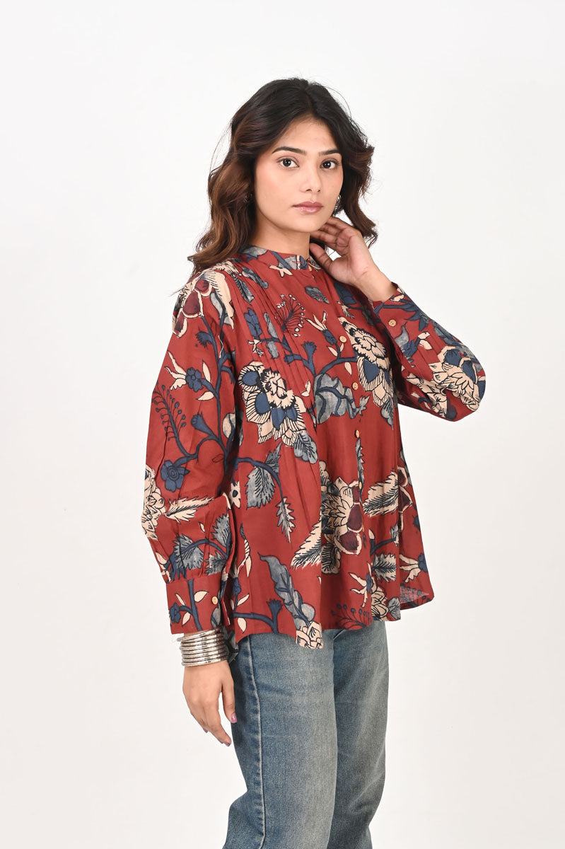 Red Kalamkari Pleated Shirt