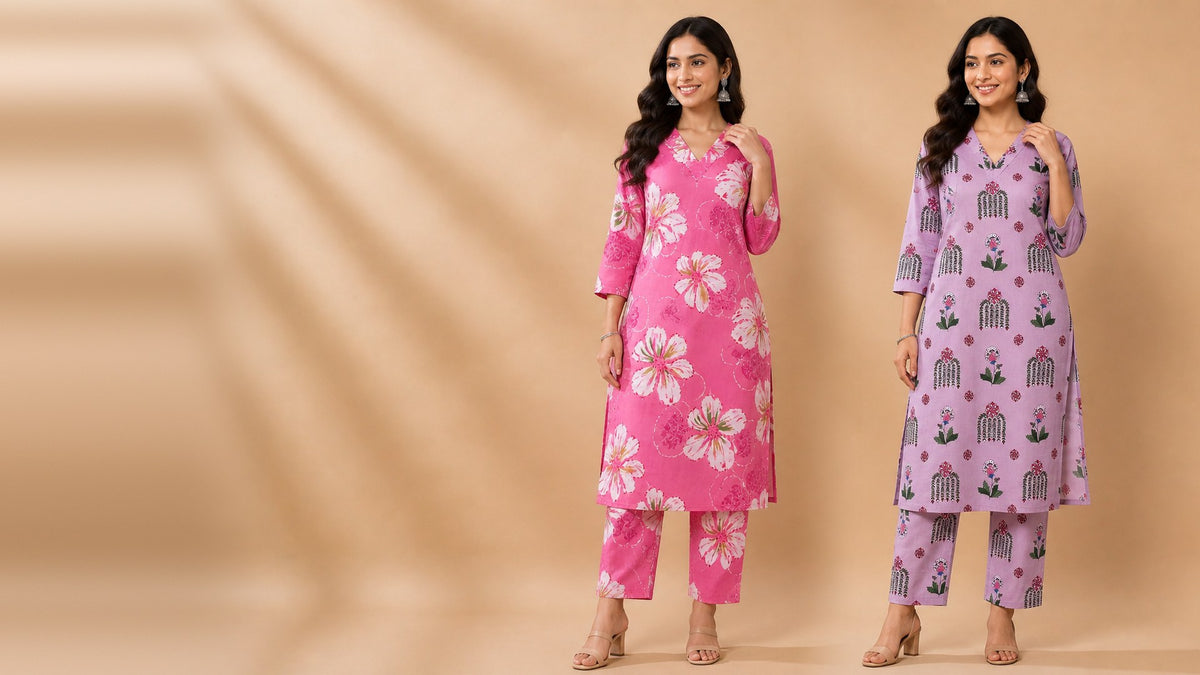 Two women in printed cotton co-ord sets