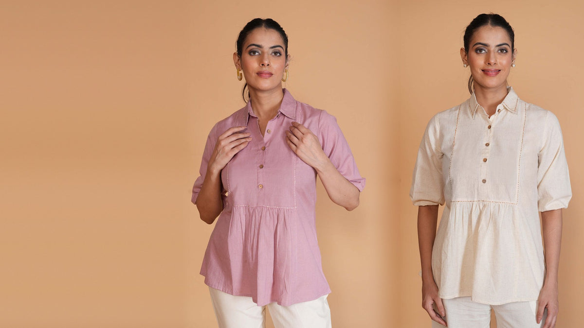 Women in lavender and natural cotton tunics